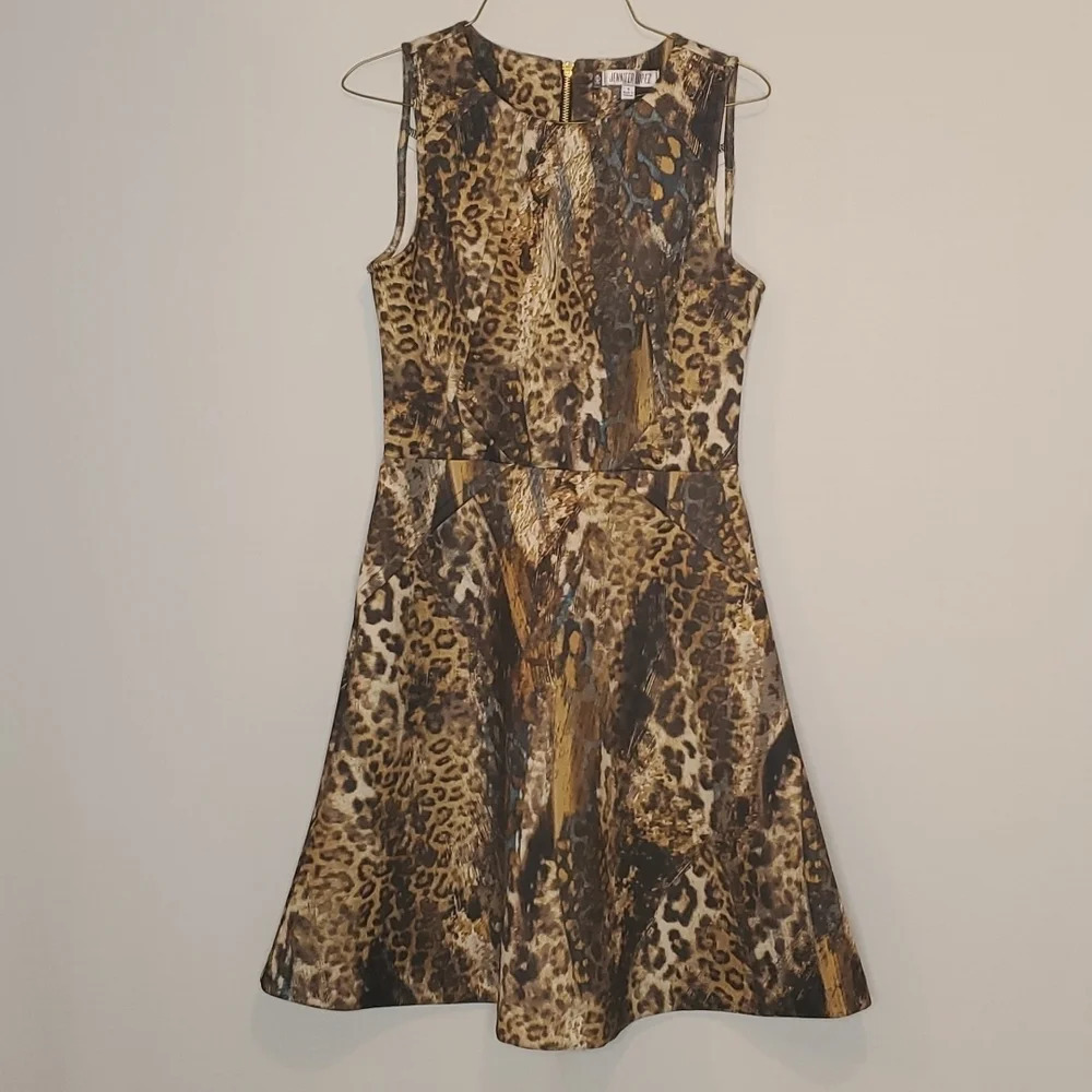 Jennifer Lopez Leopard Animal Print dress size 4 gold zipper polyester